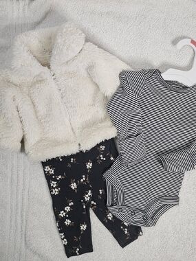 NWT Carter's Cream Fuzzy Plush Jacket, One Piece & Knit Pants NB 3 Piece Set